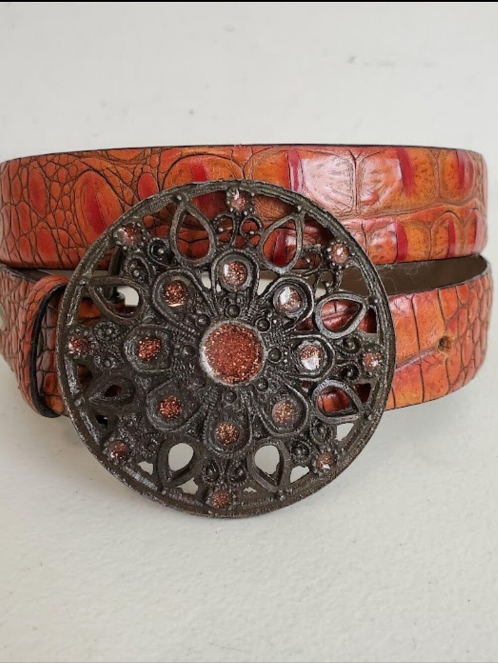 Avanti Italy Croc Embossed Leather Orange Brown Belt Boho Big Floral Wide Buckle